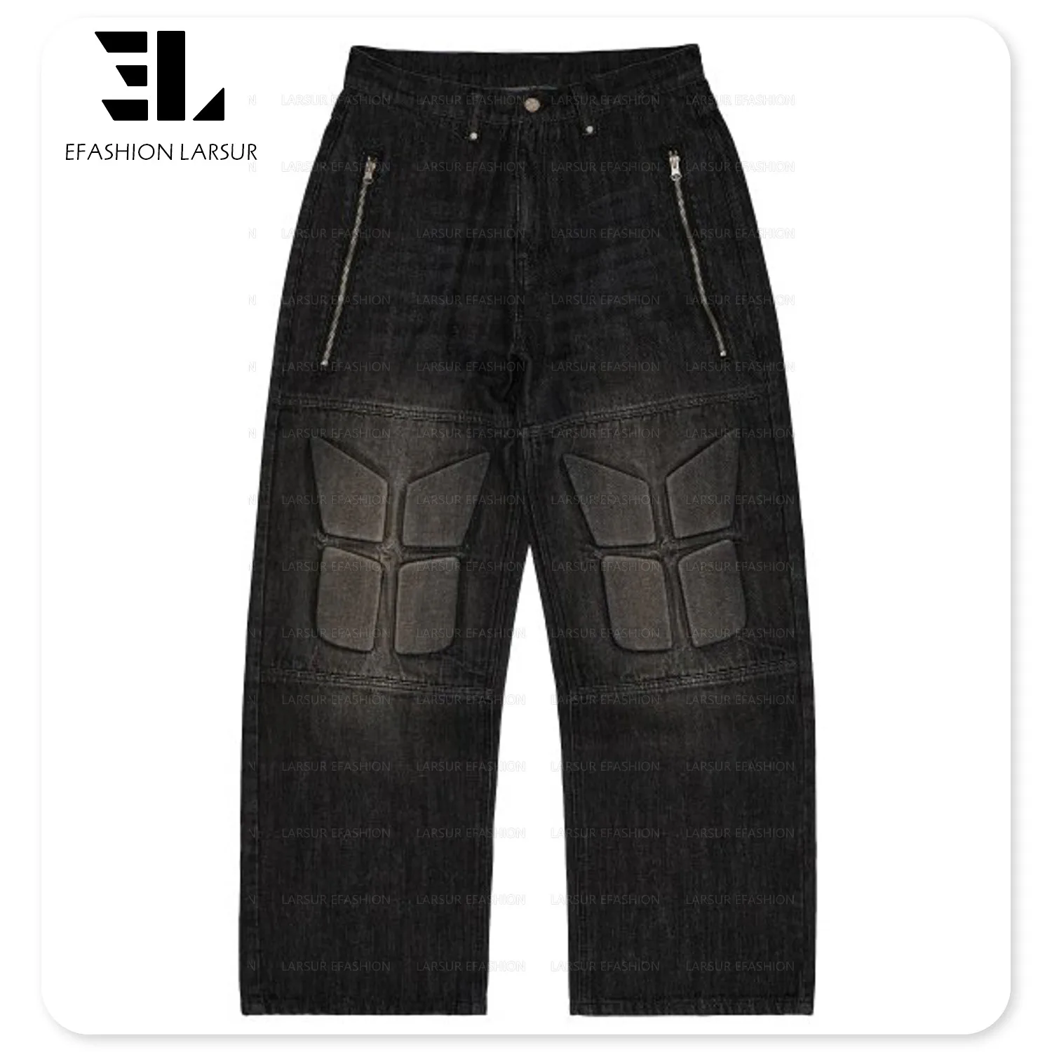 LARSUR Custom factory 3D embroidery knee quilted patch knee biker cargo jeans straight embossed padded moto biker denim pants