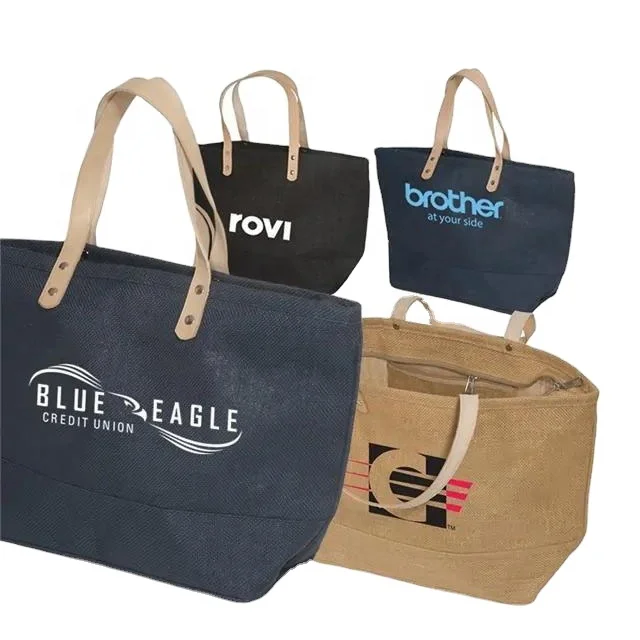 Wholesale Custom Logo Printed Promotion Hessian Hemp Tote Bag Foldable Reusable Jute Custom Large Burlap Beach Bag