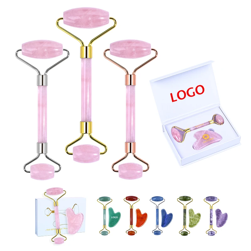 Best-selling Gemstone Jade Roller Stone Facial Massager Set Wholesale High Quality Rose Quartz Roller Pink Jade Beauty set