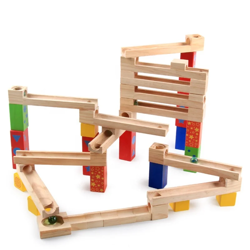 Kids Ball Track Stack Block Toy Glass Beads Construction Assemble Rail Blocks Wooden Race Marble Run
