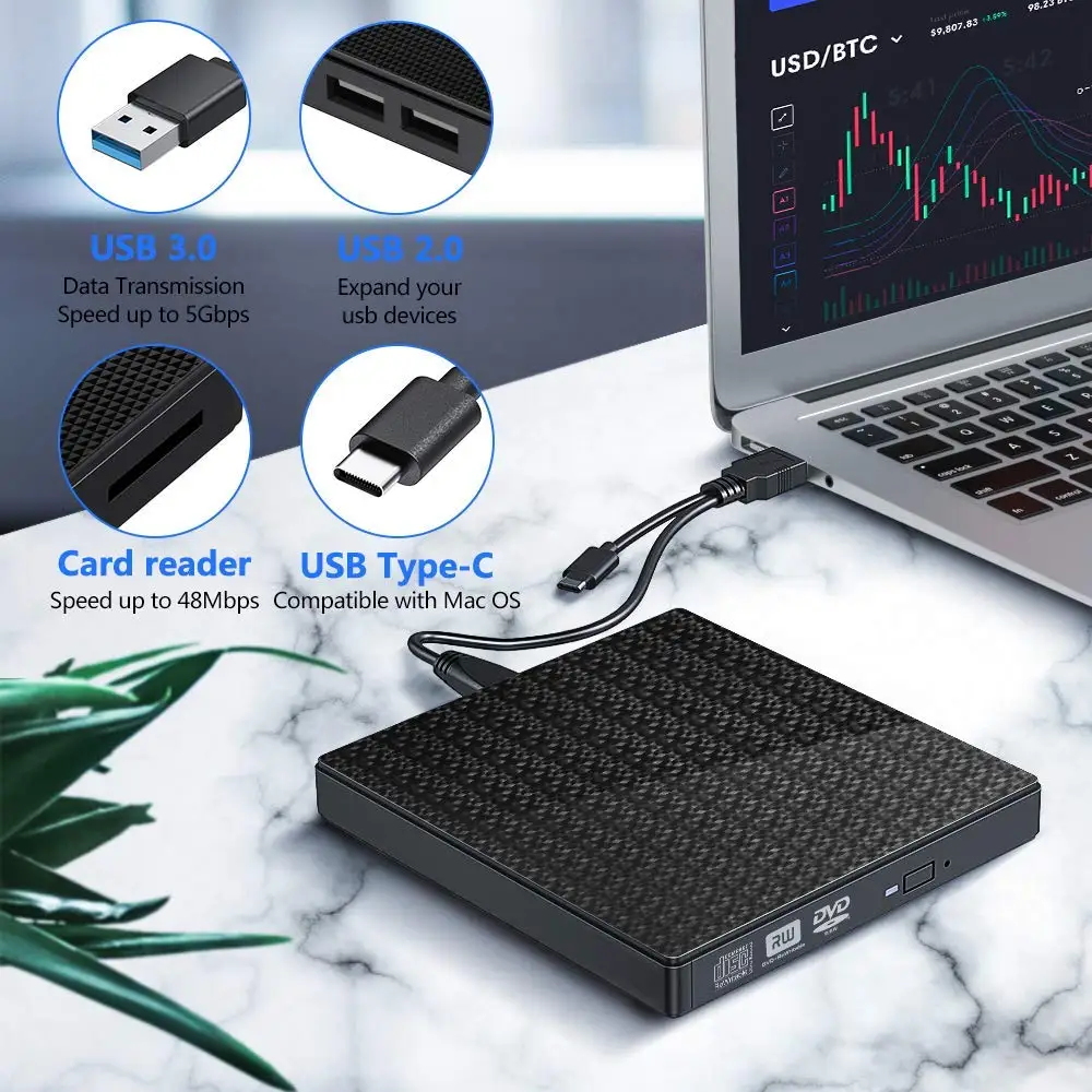 
Raycue USB 3.0 and Type C Interface CD-RW Burner External CD DVD Player Drive with Card Reader 