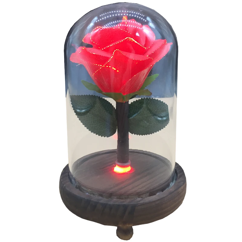 Wholesales Valentine Gift Fiber Optic Led Artificial Red Rose with Glass Dome indoor decoration