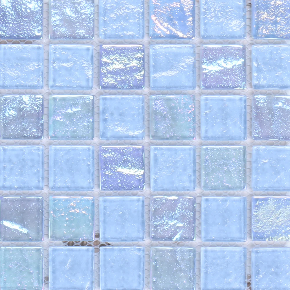 Swimming pool hotel bathroom mosaic tile Foshan square crystal iridescent light blue glass mosaic