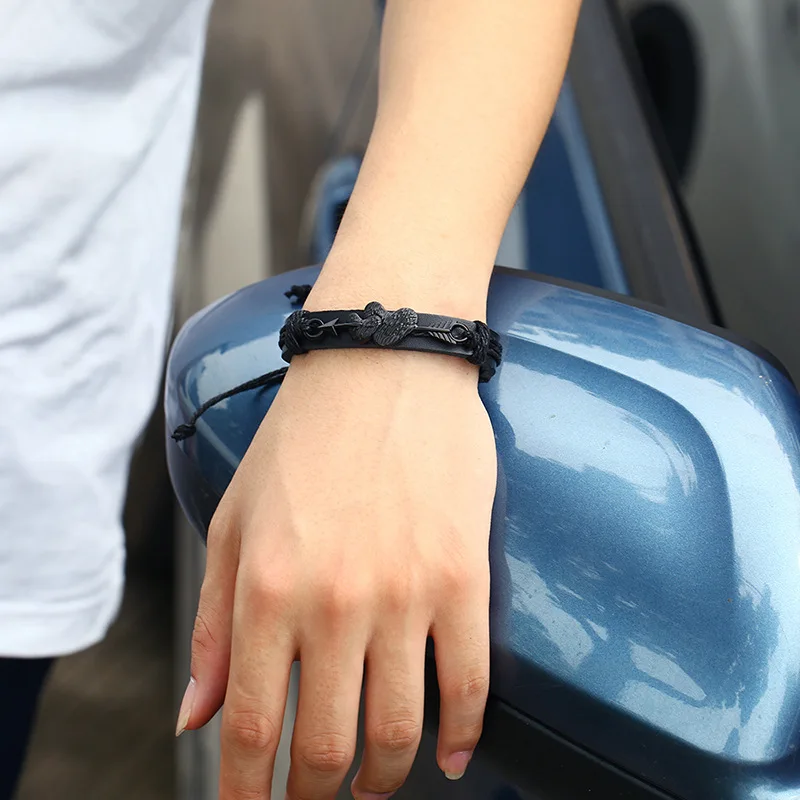 New arriver black metal double heart leather  bangle black and brown imitation leather bracelets charm men jewelry