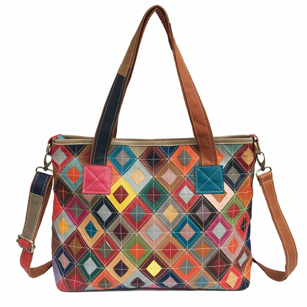 designer woman lady vintage casual street bohemian contrast color diamond check patchwork leather totebag shoulder crossbody bag