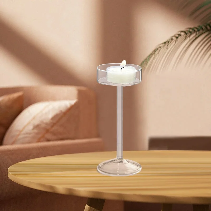 Transparent Candlestick Holder Crystal Glass Round Base Tall Pillar Light Goblet Candle Holder