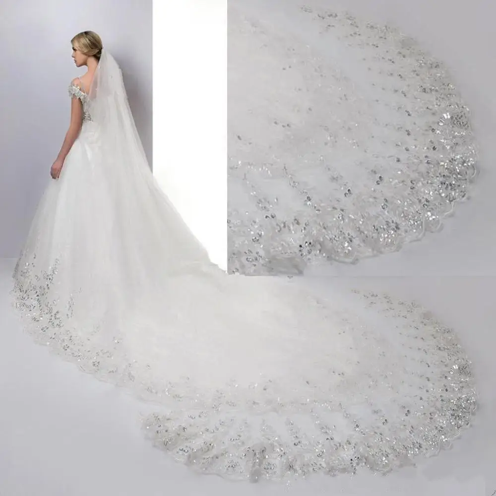 3256 Bride Chapel Sequins Wedding Veil 3m 4m 5m *1.6m  Bride Tulle Lace Appliques Sweeping Wedding Veils