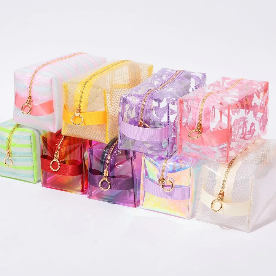 PVC Laser Clear Cosmetic Makeup Bag Neon Color Vinyl Waterproof Portable Handle Travel Makeup Organizer Transparent Cosmetic Bag