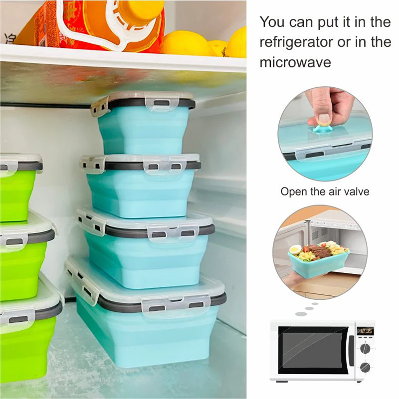Silicone Food Storage Containers Microwave Oven Food Container Collapsible Silicone Lunch Box For Kids Adult