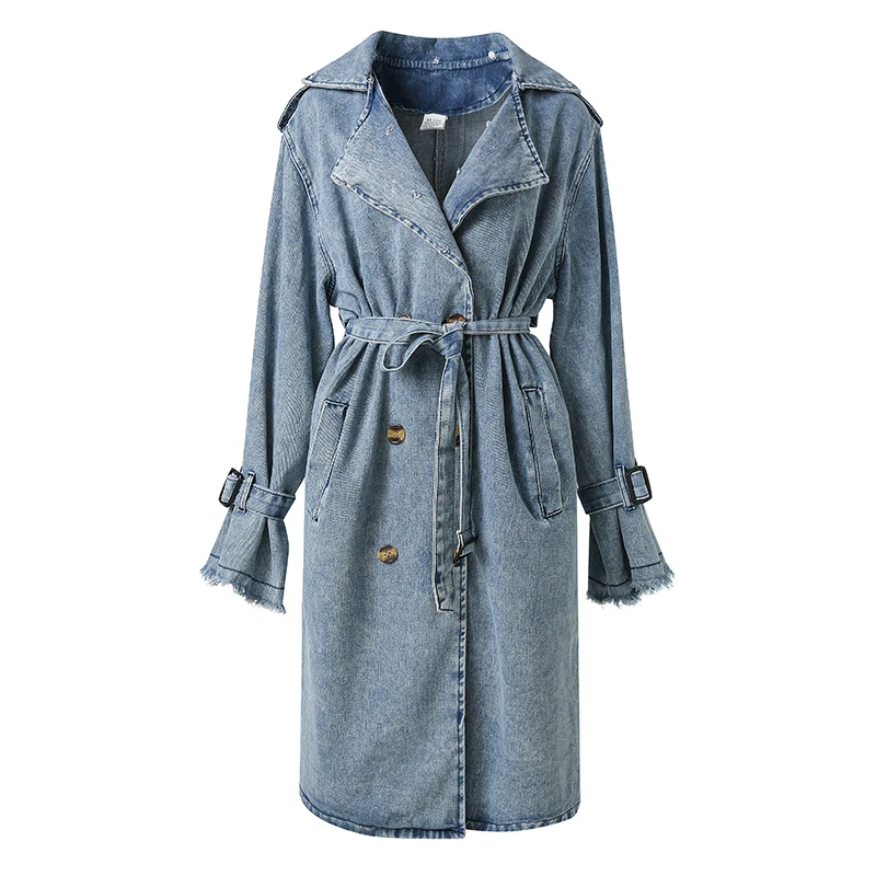Fashion Long Trench Coat Women Denim Trench Coat with Detachable Mongolian Fur Collar