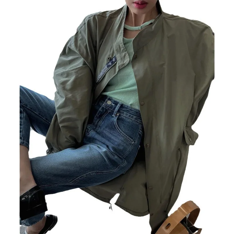 2024 new Military green workwear windbreaker mid-length casual long outwear trench coat