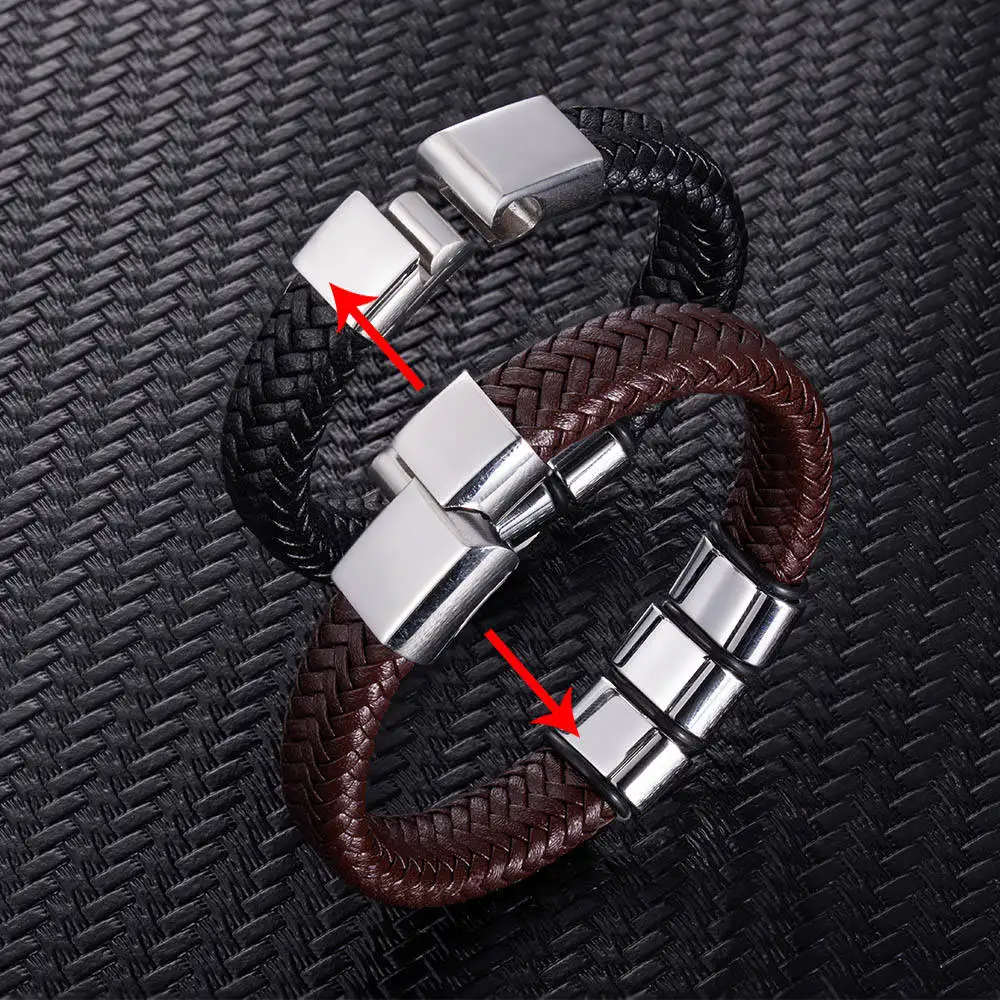 Stainless Steel Personalized Engraved Name Bead Brown Bracelet for Men Jewelry Custom Weave Black Man Leather Bracelet