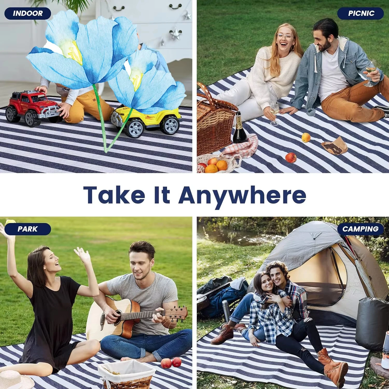 Waterproof Outdoor Picnic Mat Camping Beach Mat Colorful Plaid Stripe Rectangular Sleeping Blanket Pad Living Room Carpet