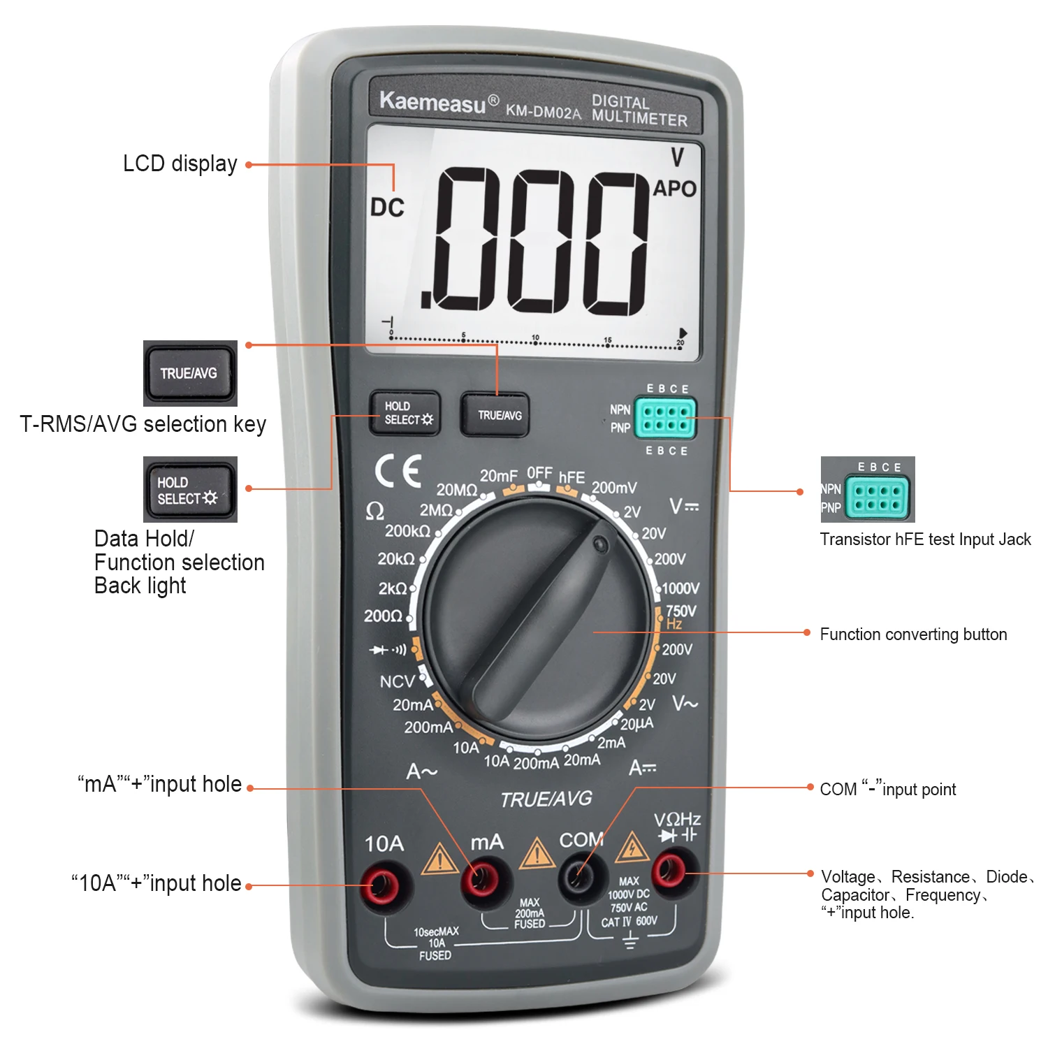 KM-DM02A Цифровой мультиметр True RMS AVG Тестер Многофункциональный мультиметр множественное предохранение Автомобильный мультиметр