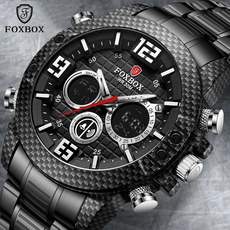 LIGE FOXBOX Men Luxury Wrist Watches Black Luxury Sports Chronograph Waterproof Digital Watches For Men