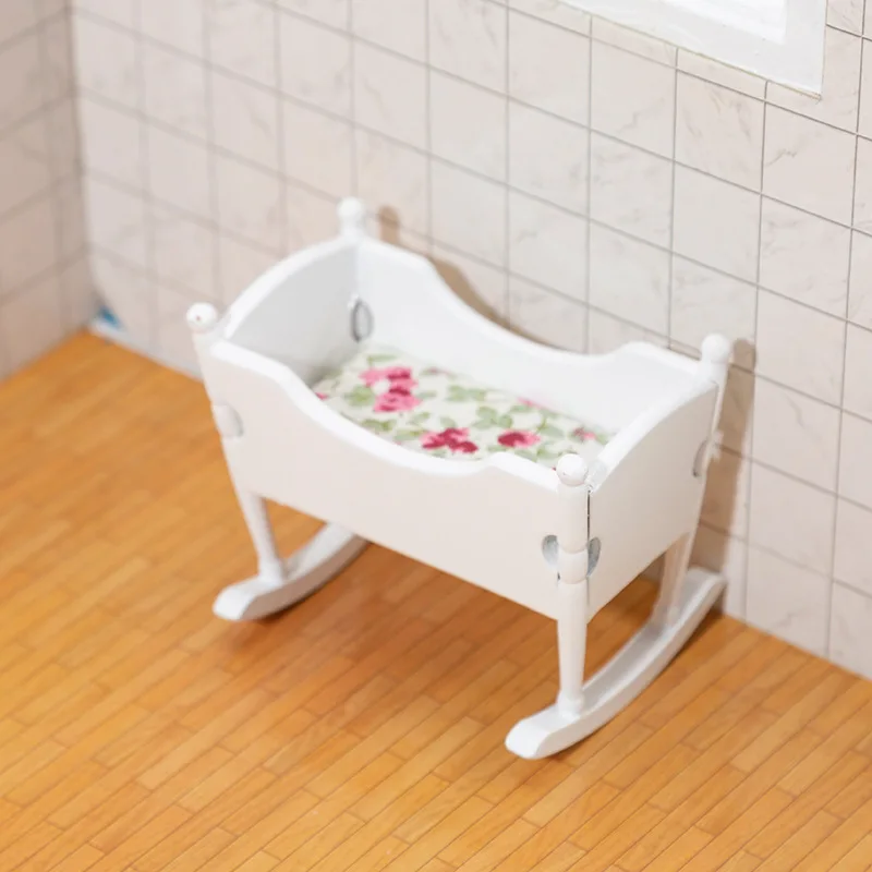 Dollhouse Wood Cradle Tiny Little Baby Doll Sleeping Wooden Crib Miniature Wooden Doll Rocking Cradle for Children Kids Toddler