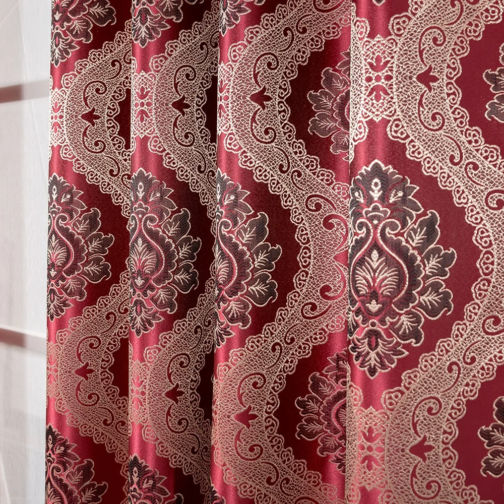 2020 New arrival luxury jacquard curtain for the living room ring top gold burgundy floral home curtain factory Zucchi