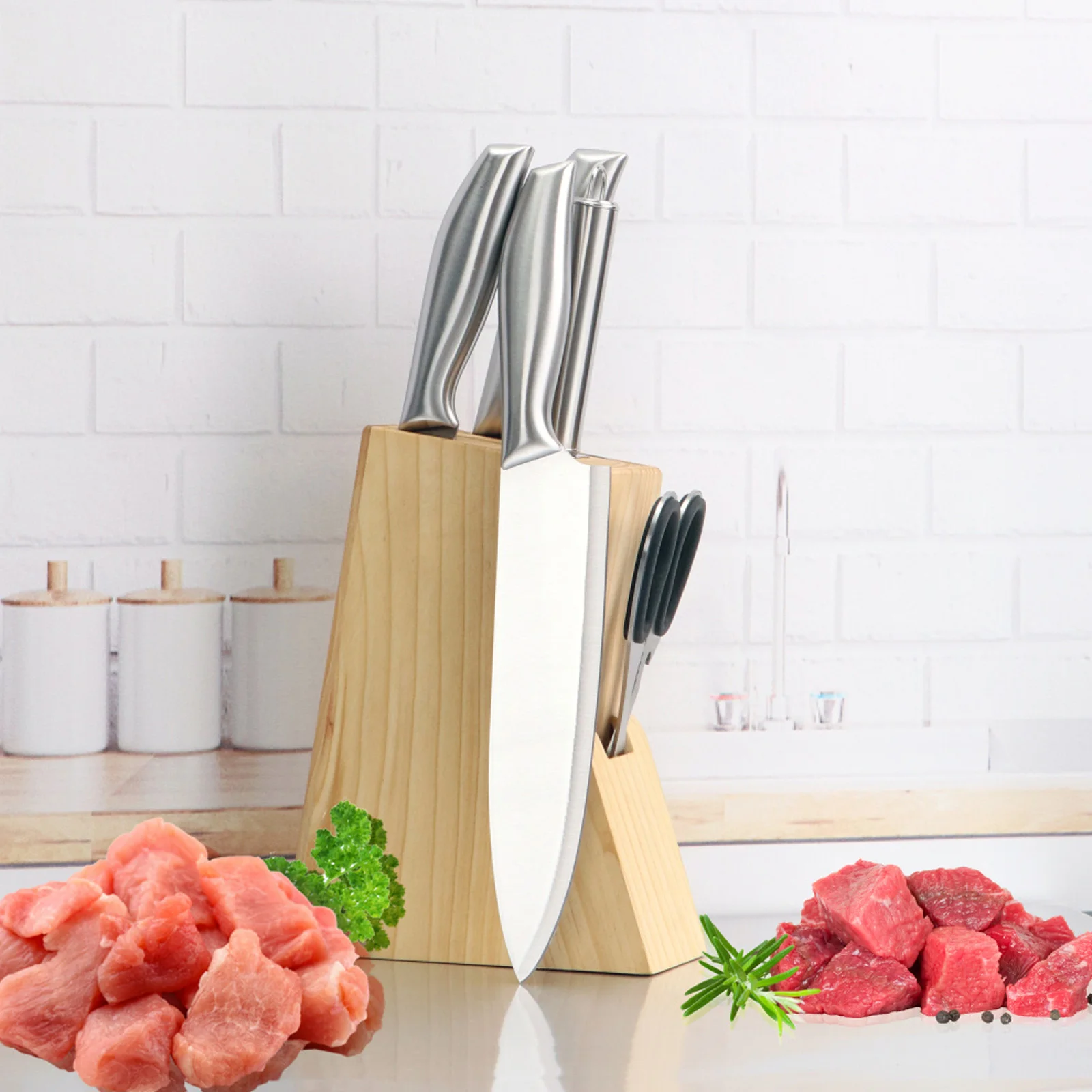 5pcs Knife Holder And Scissors Wooden Knife Block Set Kitchen Knife Set For Gift Box