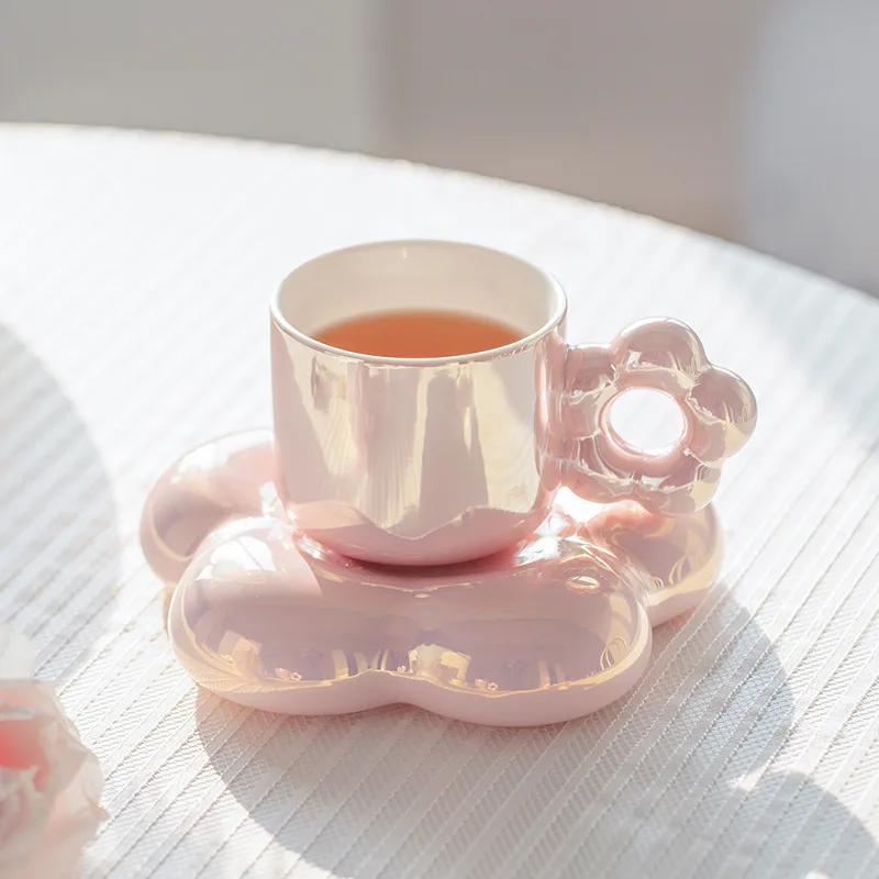 Migo inductive rainbow color pearlescent mug gift cloud ceramic tea cup flowers coffee cups and saucer set