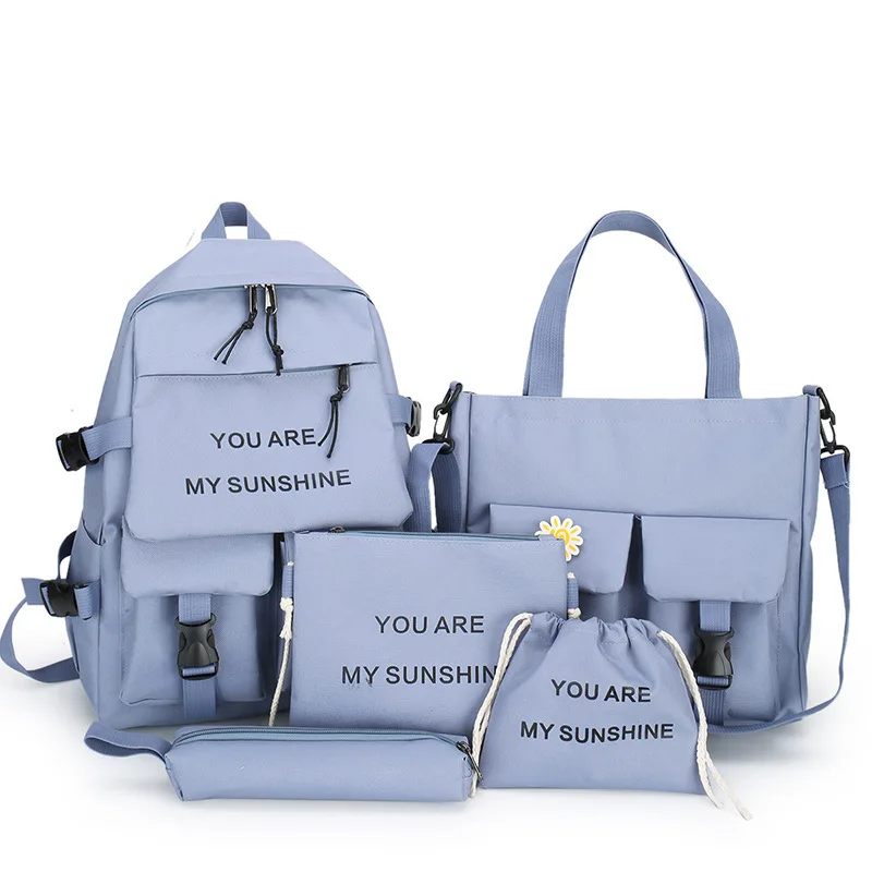 5 Pcs/Set High and Junior School Students Simple Campus Backpack Large Capacity Multi-function Canvas Schoolbag Set