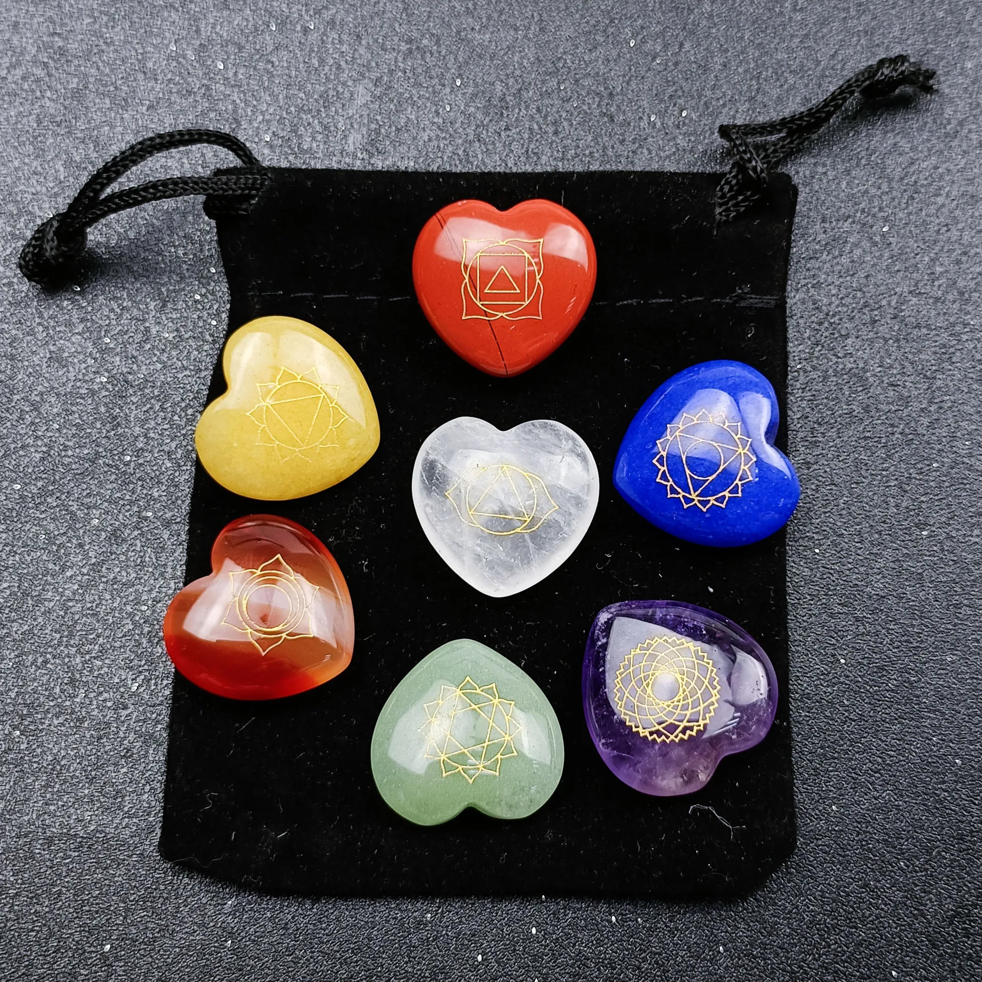 7pcs Chakra Natural Stones Beads Ornament for Jewelry Making Engraved Symbols Polished Stone Reiki Healing Stone Divination Gift