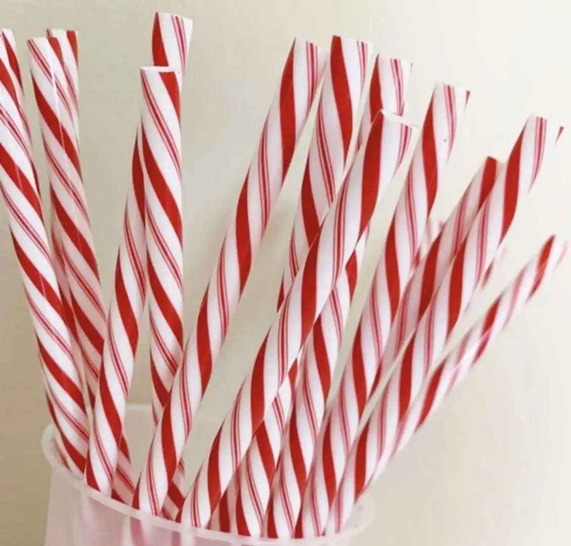 Eco-friendly PP printed drinking straw with stripe design, Christmas candy crane, reusable straw with design