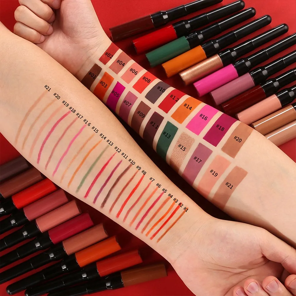 Private Label Your Logo Waterproof Long Lasting  Matte Non-stick Cup Double Head Vegan Liquid Matte Lipstick and Lip Liner Set