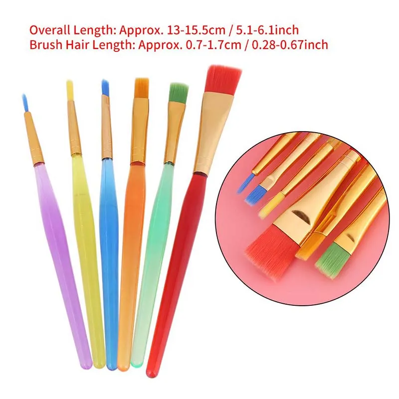 LISI 6pcs Colored Plastic Handle Nylon Hair Round Flat Preschool Paint Brushes for Toddler Washable Paint Acrylic Oil Watercolor