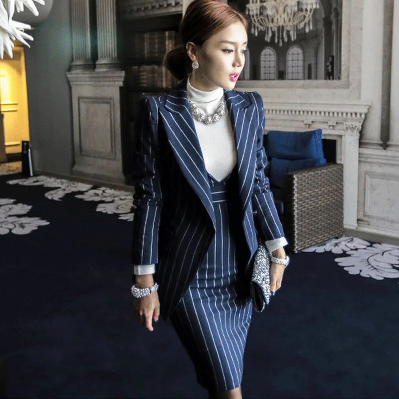 female korean striped slim fitted blazer jacket with skirt vest dress two piece sets office lady womens career business suits