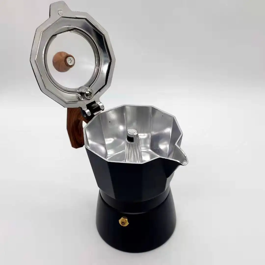 Transparent Cover Moka Pot Espresso Stove Top Coffee Maker with Wooden Handle