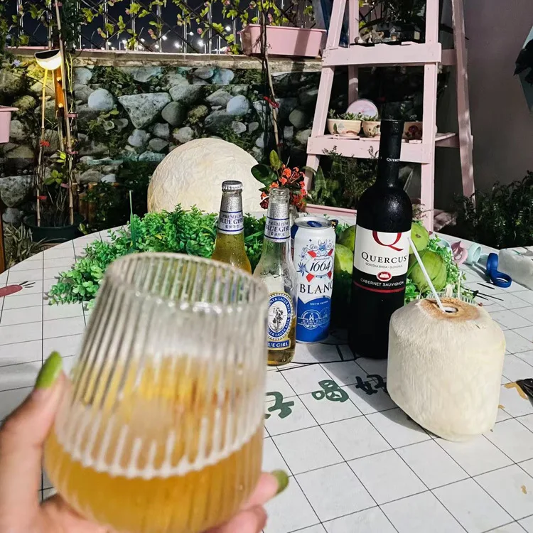 14Oz Disposable & Reusable Unique Vintage Stemless Plastic Ribbed Drinking Wine Glasses for Champagne Dessert Catering Weddings