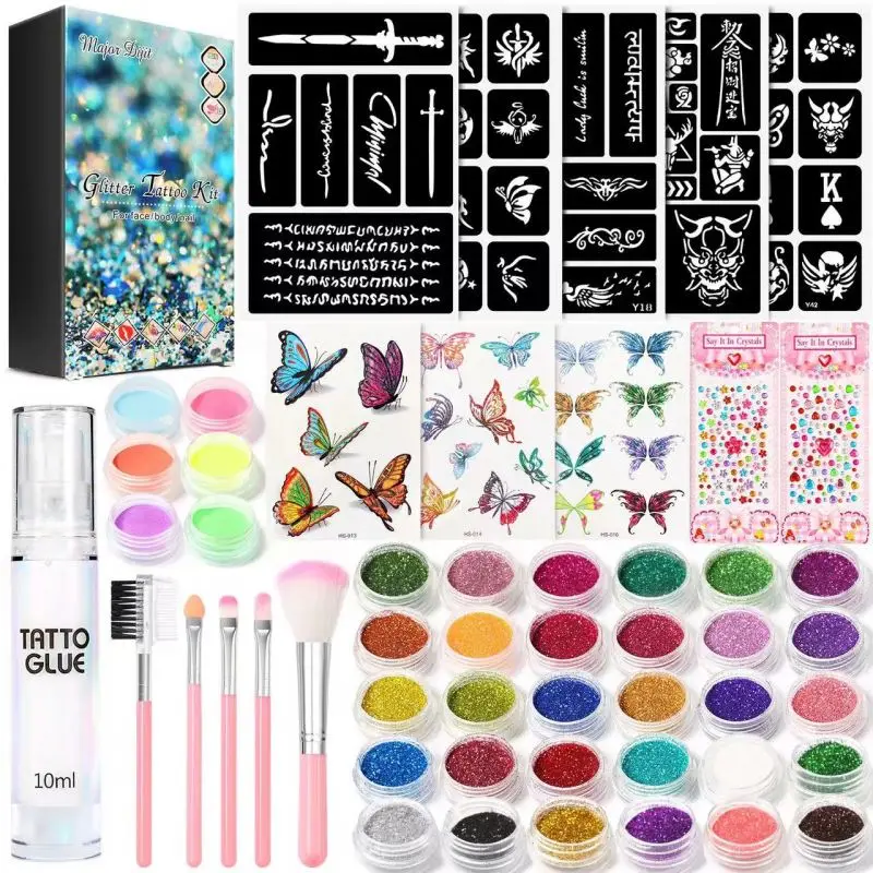 DIY Temporary Glitter Tattoos Kit for Kids 24 Glitter Colors Stencil Stickers Temporary Tattoo Toys