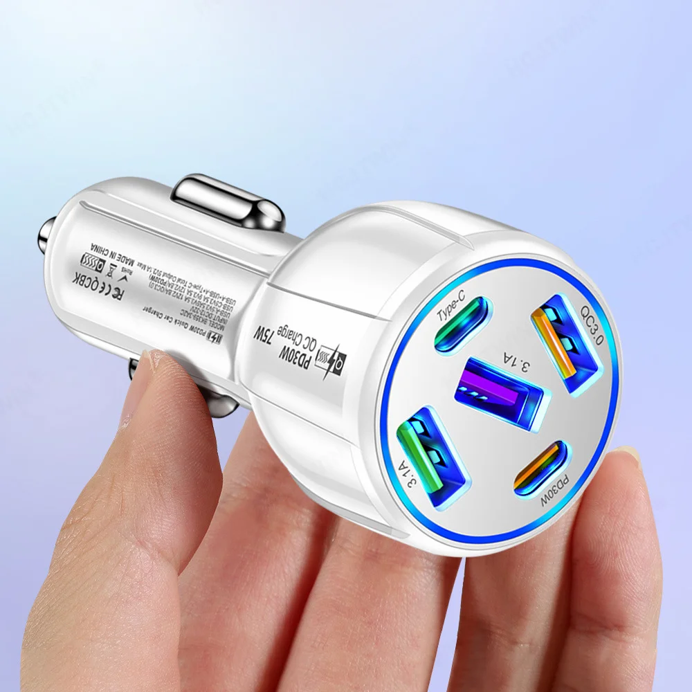 2023 New Design Dual Line 3 USB QC3.0+2 Type C PD30W Car Charger Power 75W Digital Product Charger for iPhone 14 ProMax Samsung