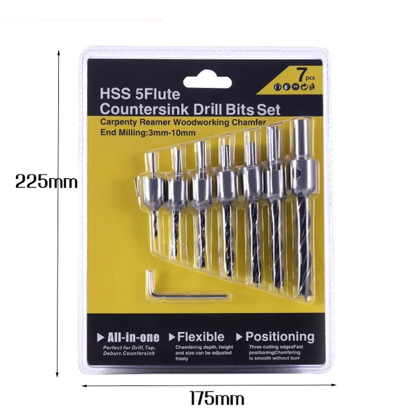 7pcs 3-Point Woodworking Countersink Drill Bits Set, Woodworking Chamfer Bits, 3mm-10mm High Carbon Steel Countersink Bit Set