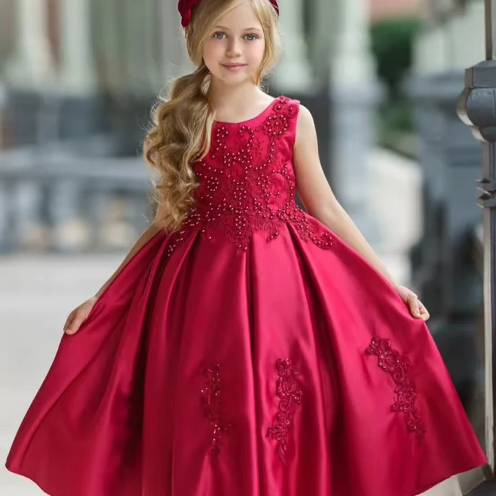 burgundy flower princess evening dress dresses up long design prom dress girls party eve