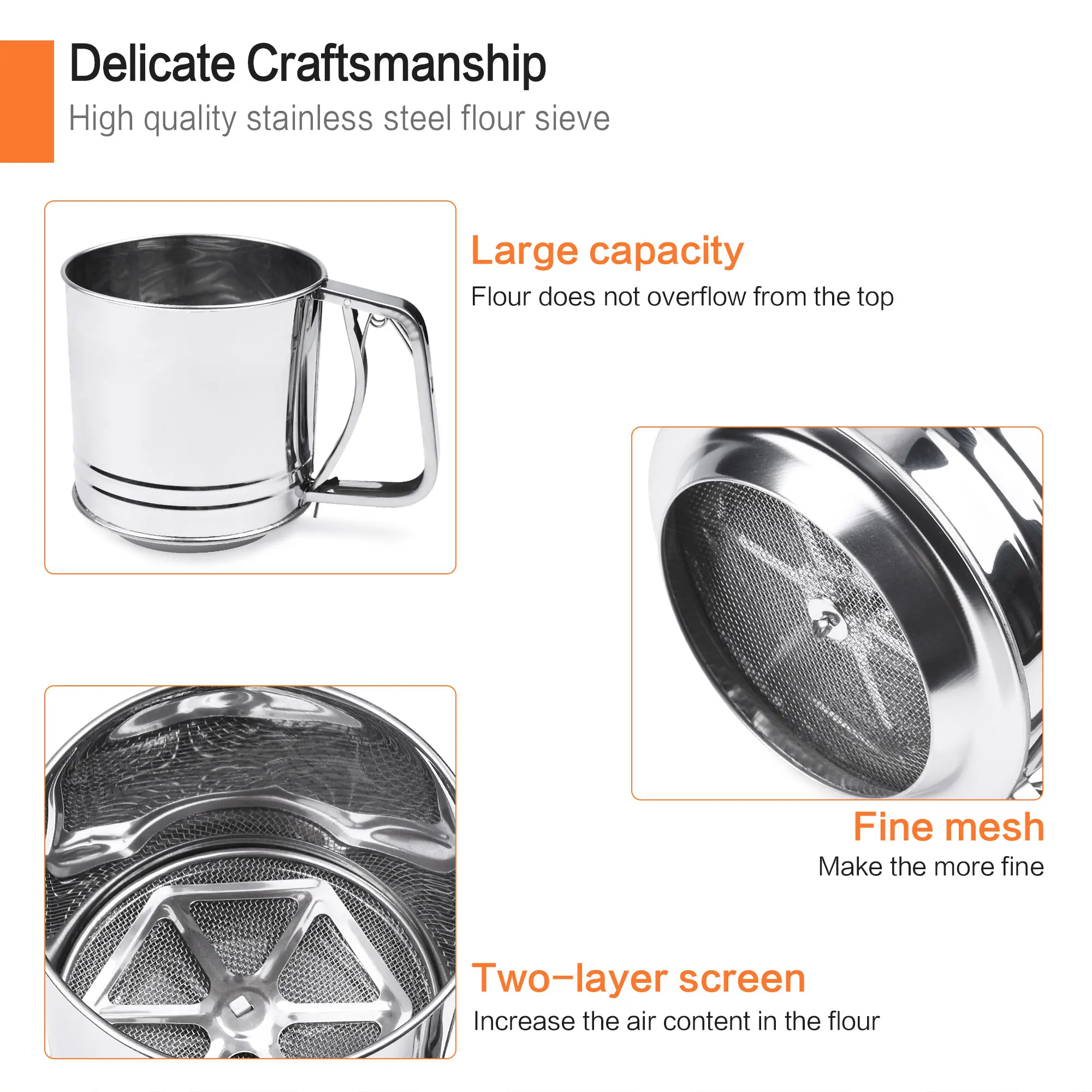 Mesh Sieve Cup Hand-pressed Bake Tool Flour Sifter Stainless Steel Handheld Flour Screen Baking Sifter