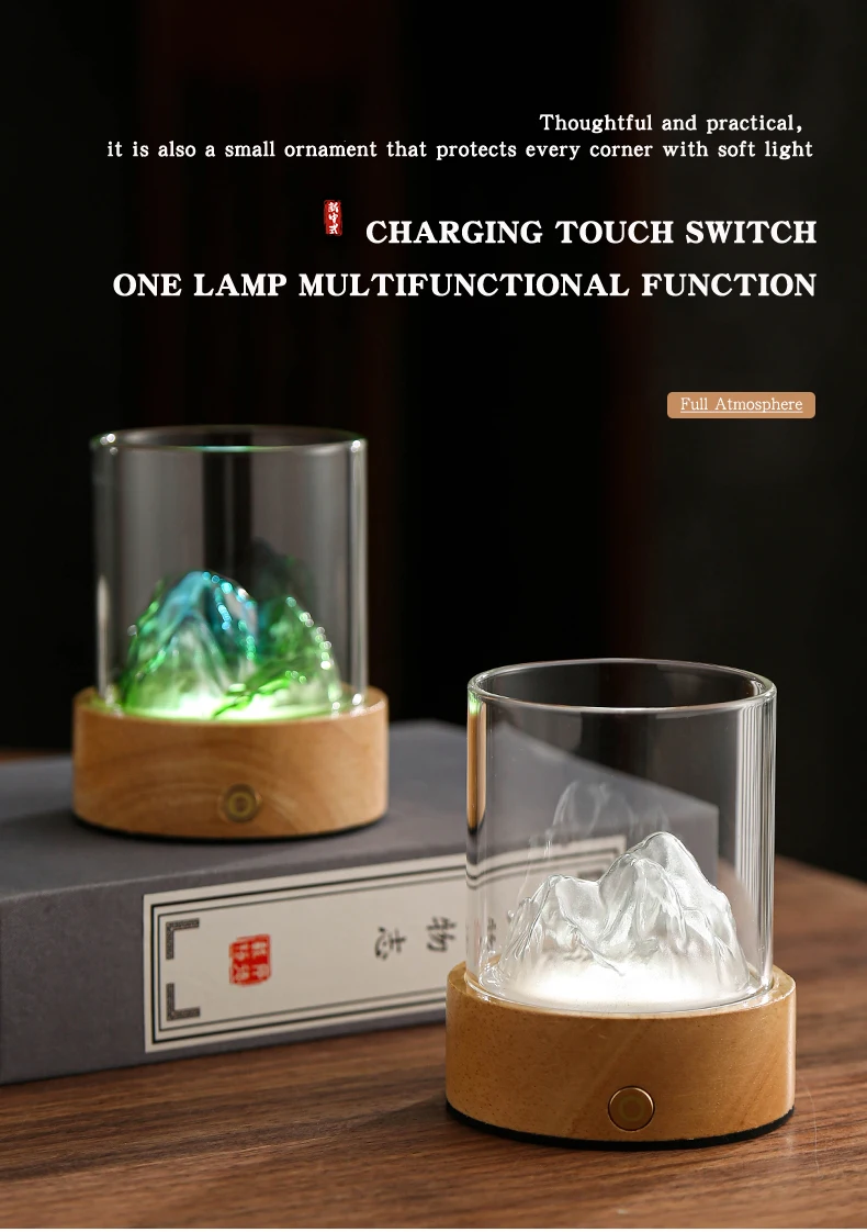 3D Glass Wooden Bottom LED Bar Light Rechargeable Touch Three-color silver Mountain View Mountain Listening Sea Night Light