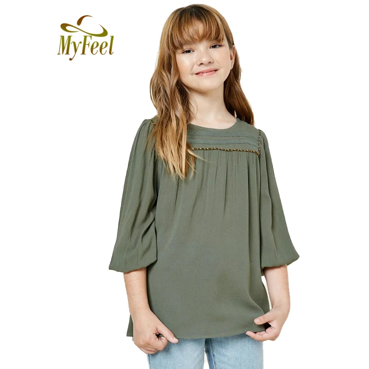 
Лидер продаж, детская одежда, модная туника с кружевной отделкой и пышными рукавами для девочек, модная блузка, детская одежда для девочек 