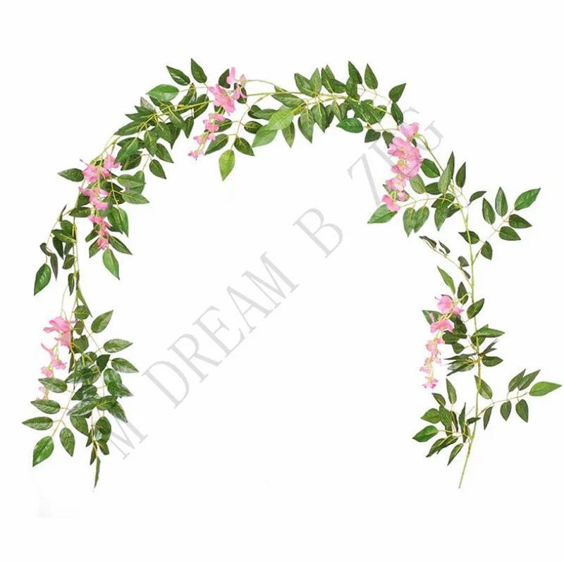 2M Wisteria Artificial Flowers Vine Garland Wedding Arch Decoration 5 Colors Foliage Rattan Trailing Faux Flowers Ivy Wall