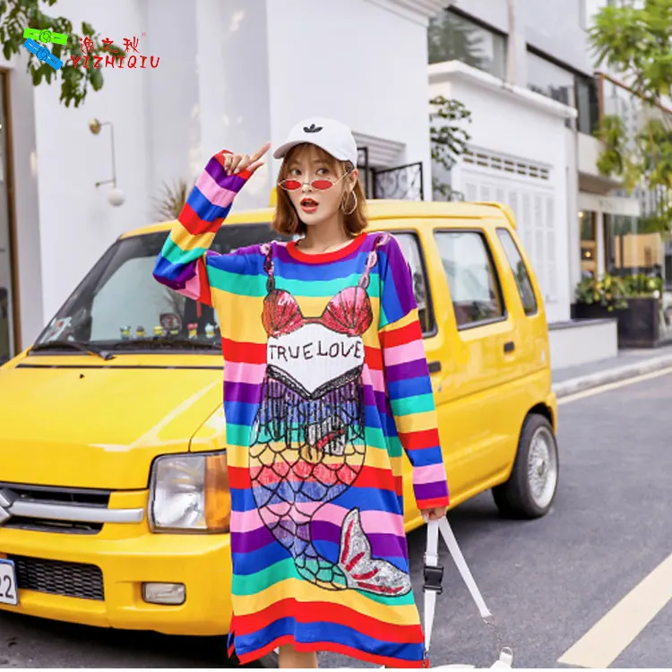 YIZHIQIU casual sequin mermaid rainbow striped winter women long sleeve sweater dress 2019