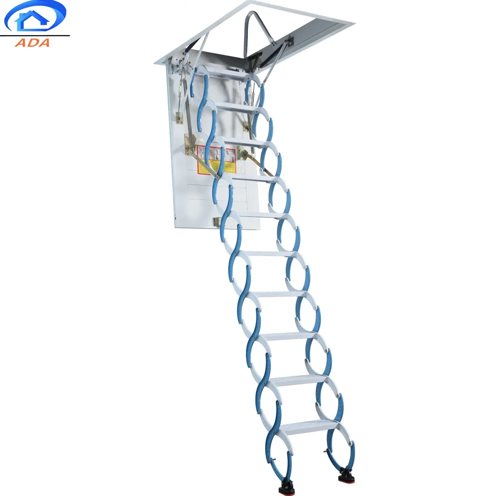 Carbon Steel Blue Manual Telescoping Upright Folding Attic Ladder