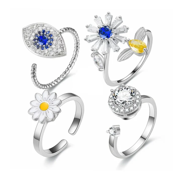 Wholesale Women Fashion Adjustable Flower Butterfly Beaded 925 Sterling Silver Fidget Spinner Rings For Anxiety