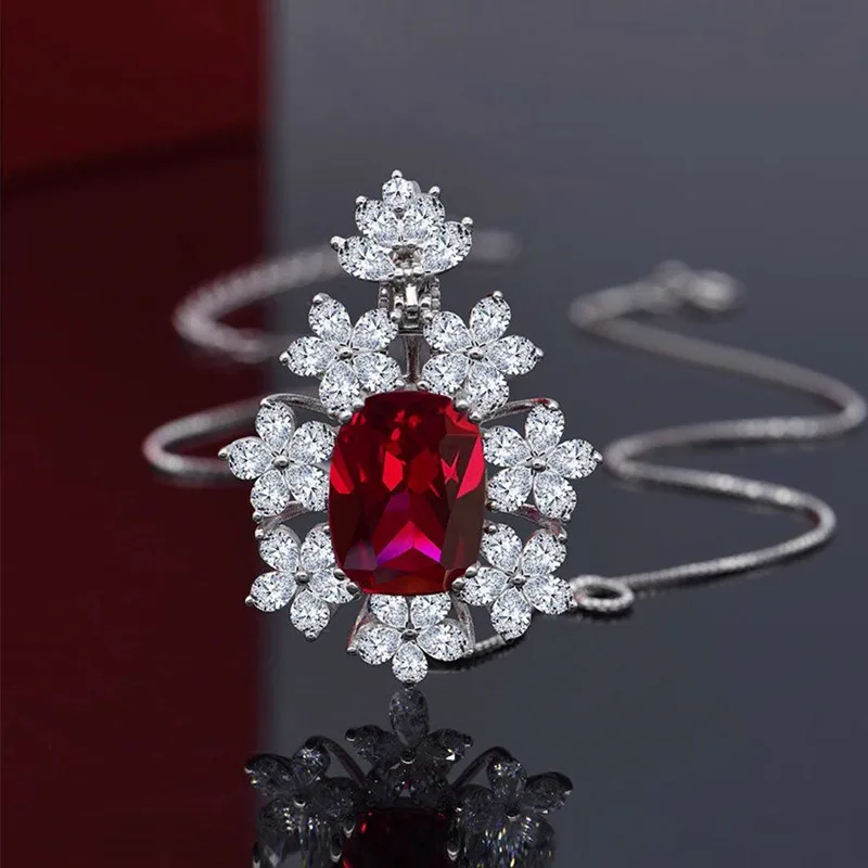 CAOSHI Luxury Ruby Red Gem Flower Shaped Chain Necklace Charm 925 Silver Plated Cubic Zirconia Pendant Ladies Necklace for Women