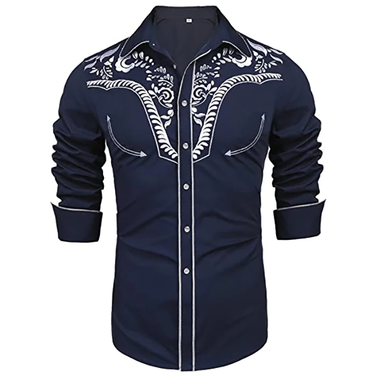 Mens Navy Embroidered Shirts Gold Floral Western Top American Mexican Cowboy Outfit Casual Shirt