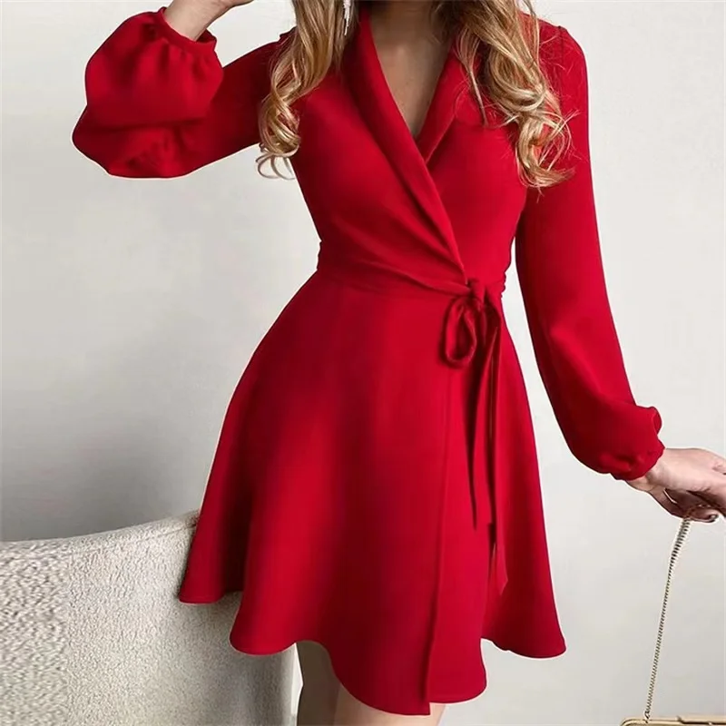 2022 Customized New Style  Solid Office Lady Long Sleeve V-Neck Floral Midi Dresses