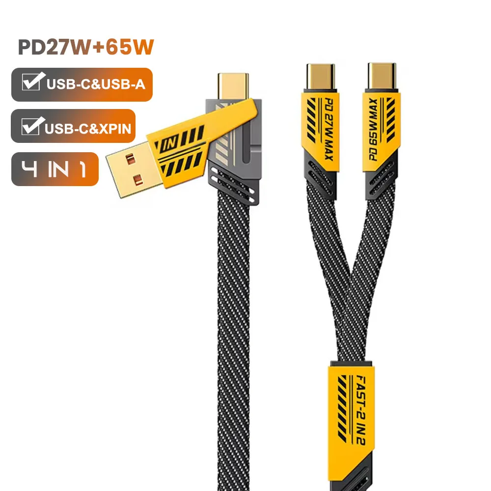 OEM LOGO Mech Style 4-in-1 Cable USB A Type-C Dual Connector Nylon Braided PD 65W 27W Fast Charging for iPhone 16 Android
