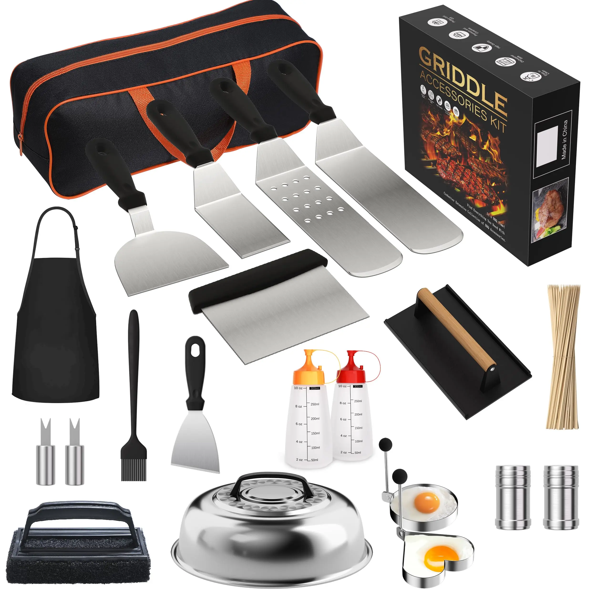 Flat Grill Tools Camp Griddle Accessories Kit Hibachi Spatula Gift Set with Basting Cover Burger Press Patty Maker Outdoor BBQ