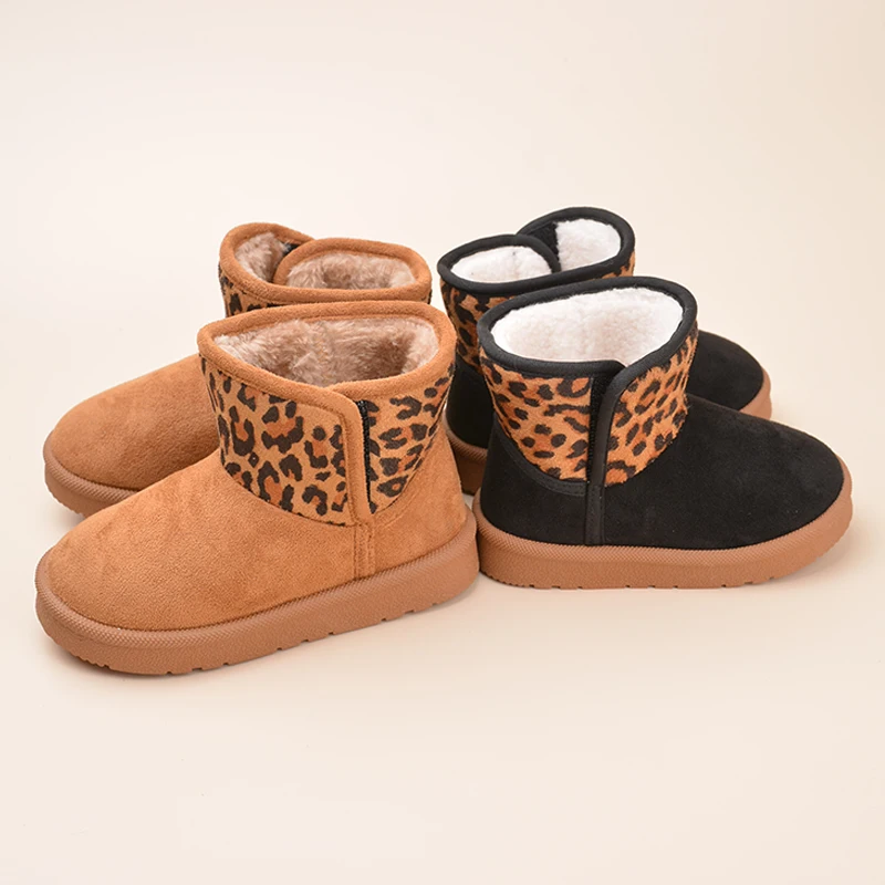 Wholesale Customized Factory Children Winter Snow Boots Kids leopard print Plush Warm Flat Boots