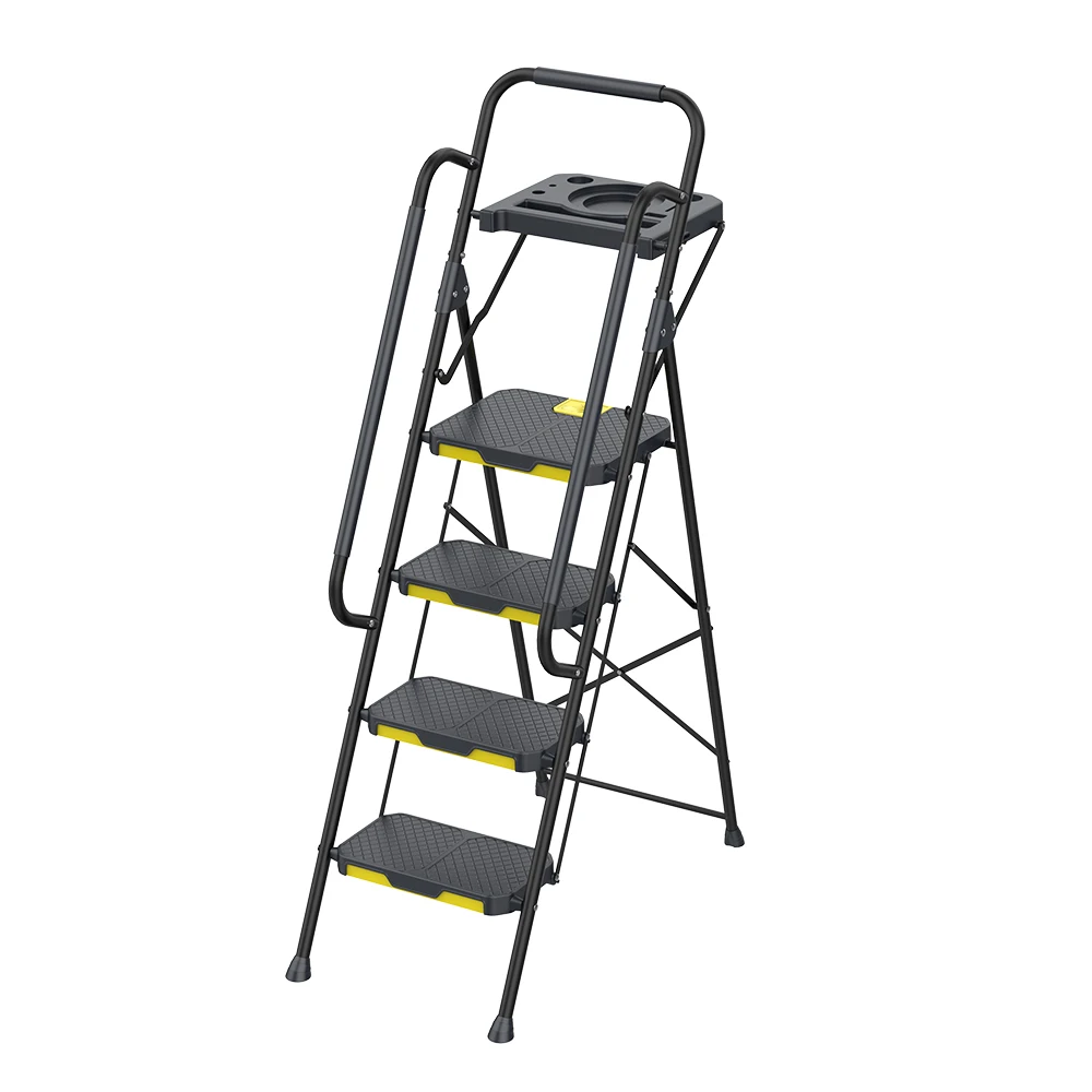New design 800LB american Market Extra Wide heavy duty Round-Tubed Steel Ladder with Durable Plastic Step