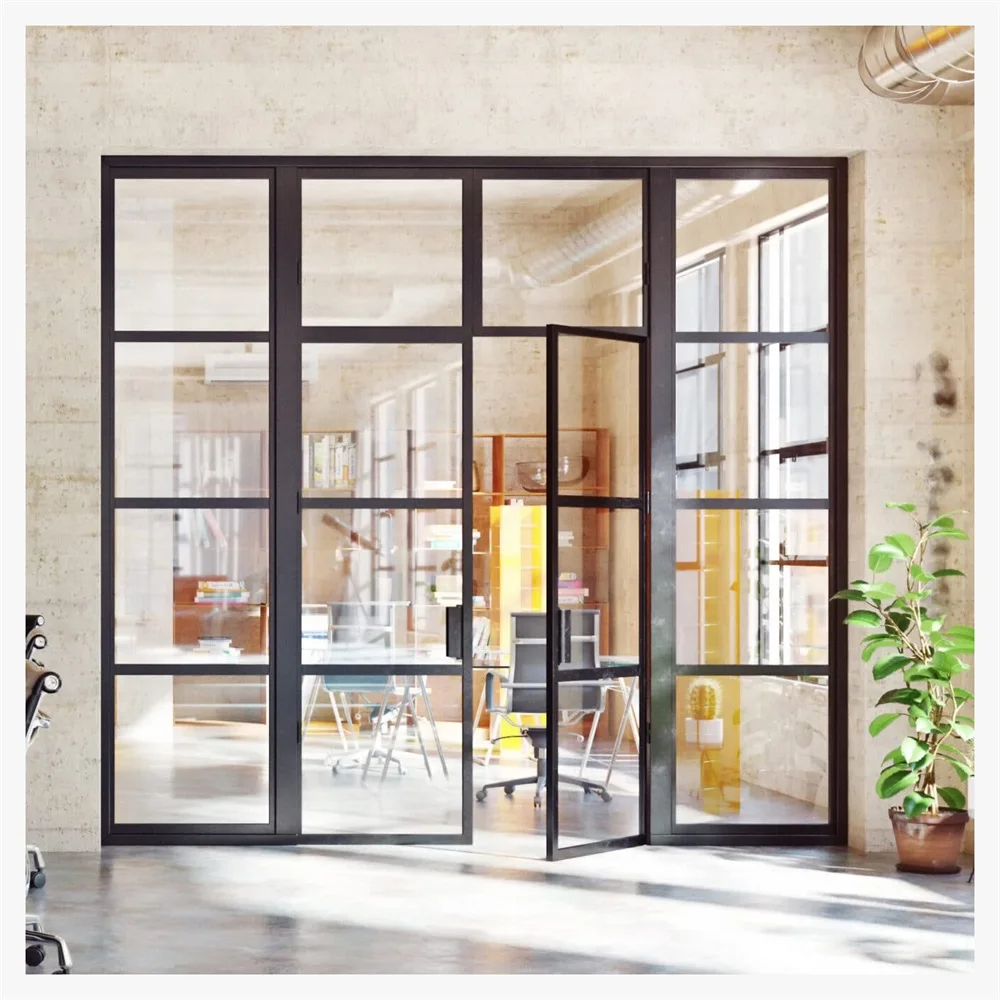 Customization steel glass swing door shower fixed screen wall to glass framed iron double door